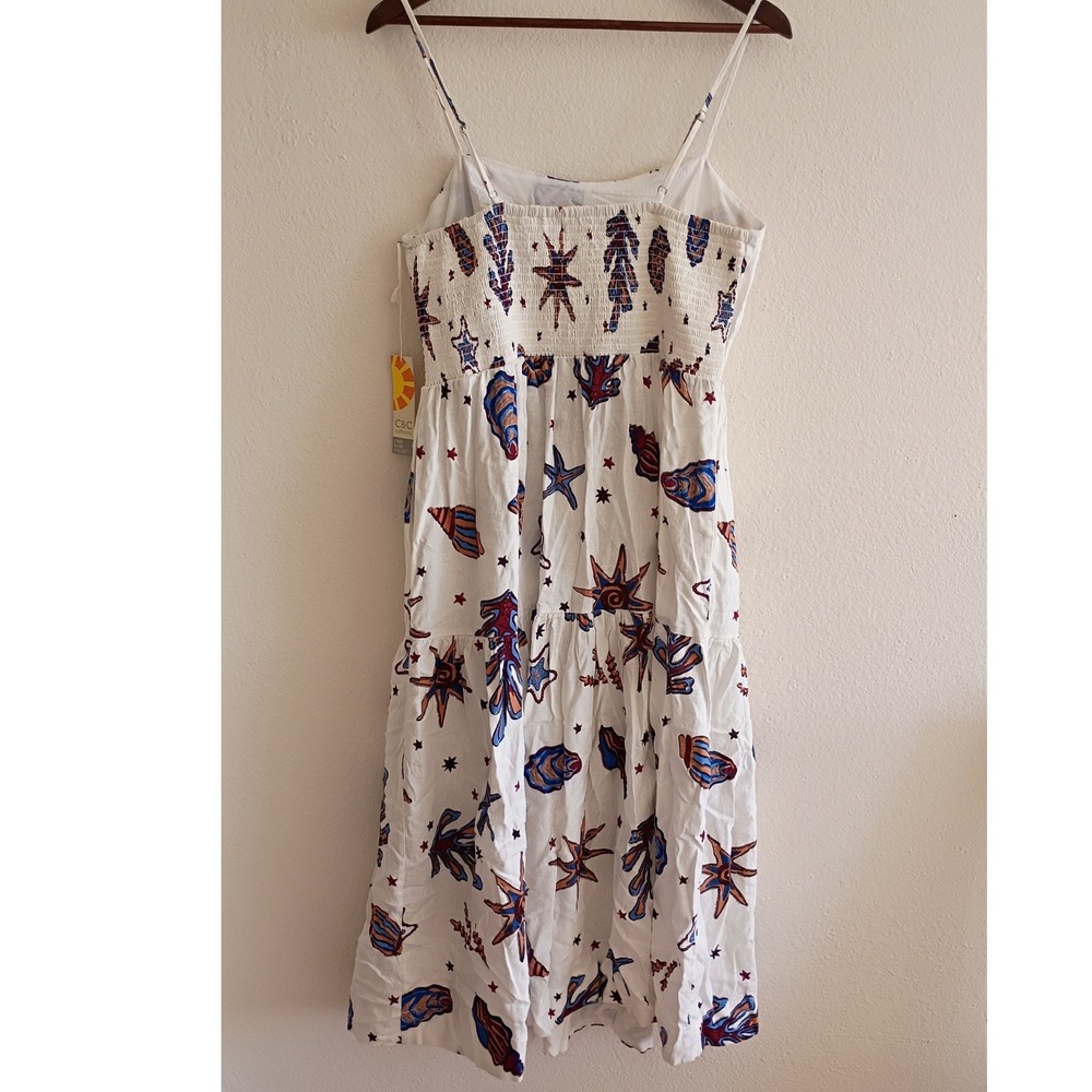 C&C California Linen Blend Seashell Print Midi Dress White L NWT Resort Vacation - Picture 3 of 7